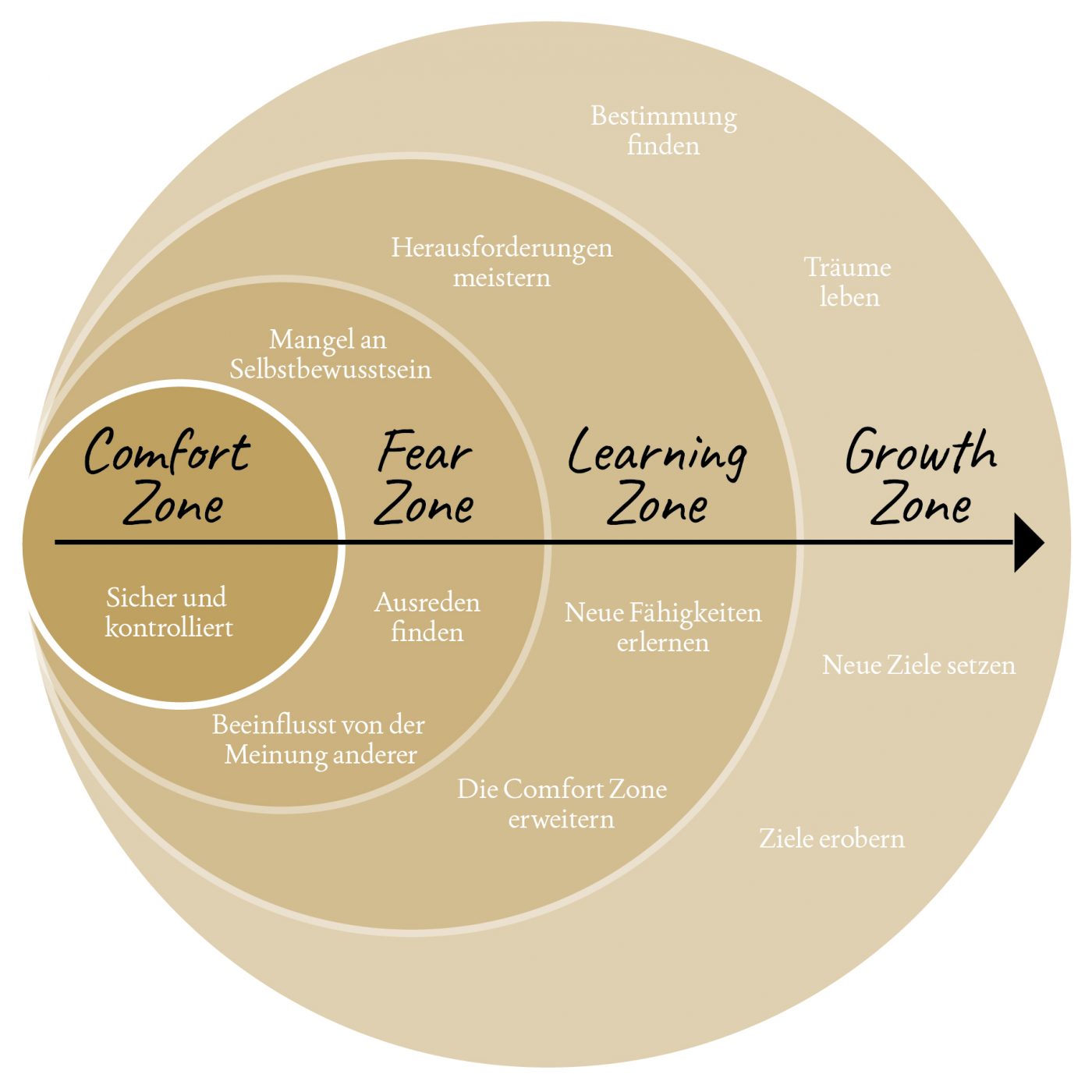 Die Grafik zeigt den Weg aus der Komfortzone (Comfort Zone) bis hin zur Zone des Wachstums (Growth Zone)